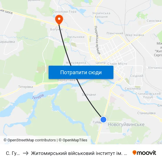 С. Гуйва to Житомирський військовий інститут ім. С.П.Корольова map
