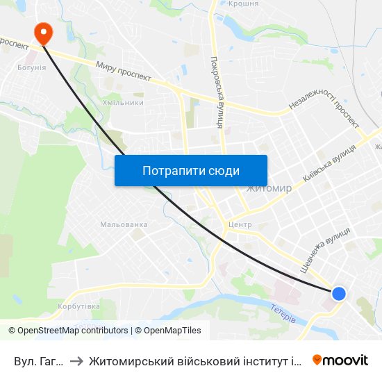 Вул. Гагаріна to Житомирський військовий інститут ім. С.П.Корольова map