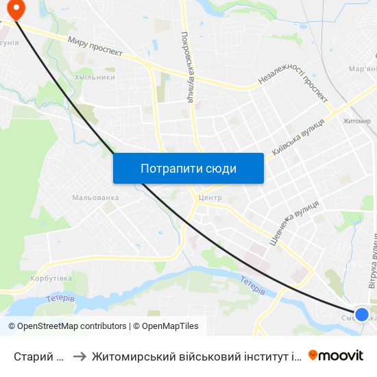 Старий Ринок to Житомирський військовий інститут ім. С.П.Корольова map