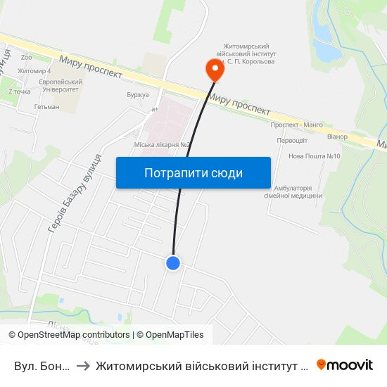 Вул. Бондарна to Житомирський військовий інститут ім. С.П.Корольова map