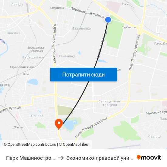 Парк Машиностроителей to Экономико-правовой университет map