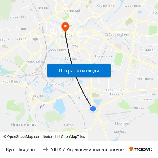 Вул. Пiвденнопроектна to УІПА / Українська інженерно-педагогічна академія map