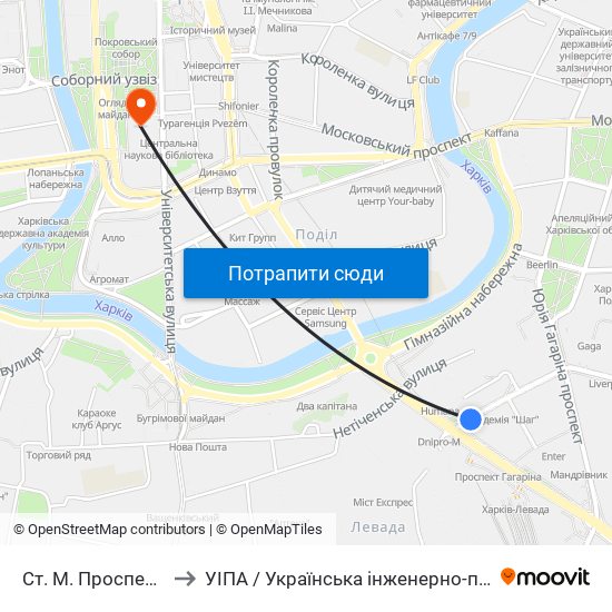 Ст. М. Проспект Гагарина to УІПА / Українська інженерно-педагогічна академія map