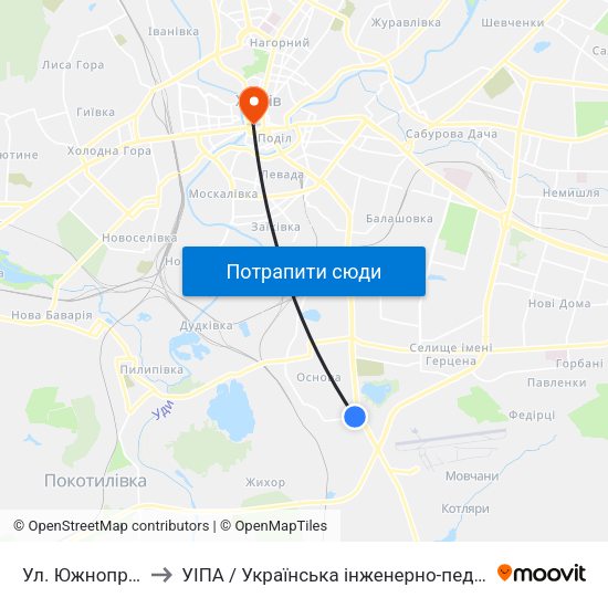 Ул. Южнопроектная to УІПА / Українська інженерно-педагогічна академія map