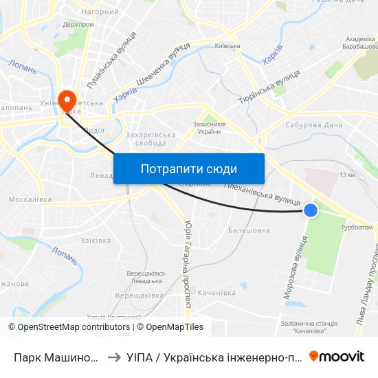 Парк Машиностроителей to УІПА / Українська інженерно-педагогічна академія map