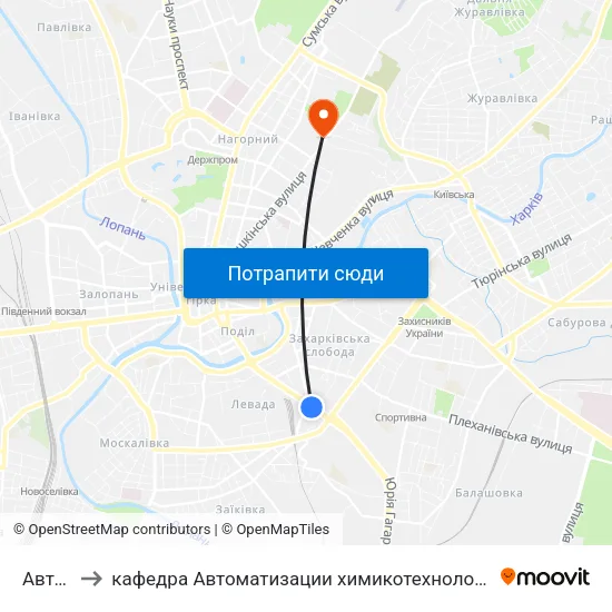 Автовокзал to кафедра Автоматизации химикотехнологических систем и экологического мониторинга map