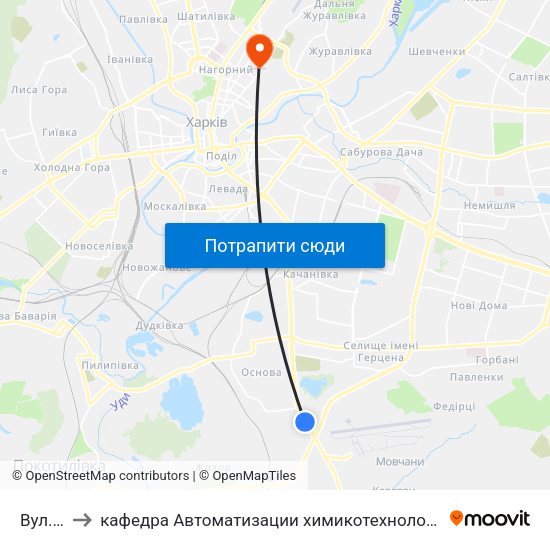 Вул. Сохора to кафедра Автоматизации химикотехнологических систем и экологического мониторинга map