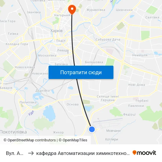Вул. Аерофлотська to кафедра Автоматизации химикотехнологических систем и экологического мониторинга map