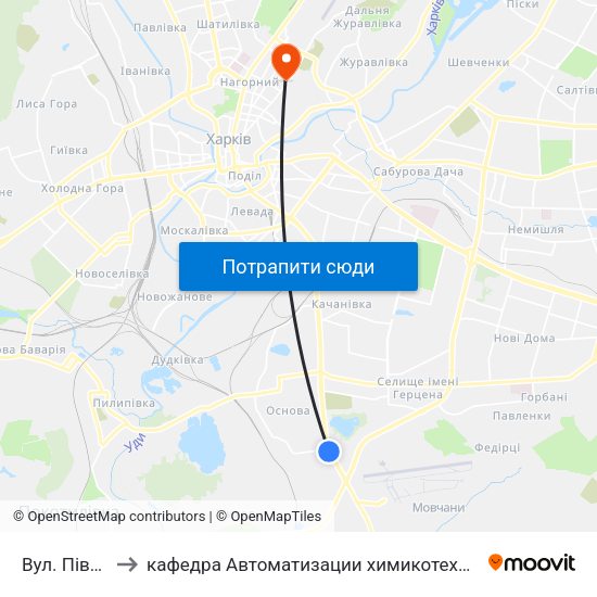 Вул. Пiвденнопроектна to кафедра Автоматизации химикотехнологических систем и экологического мониторинга map
