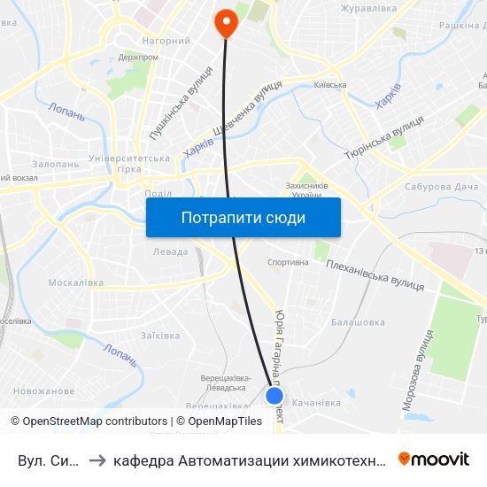 Вул. Сидоренкiвська to кафедра Автоматизации химикотехнологических систем и экологического мониторинга map