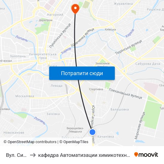 Вул. Сидоренкiвська to кафедра Автоматизации химикотехнологических систем и экологического мониторинга map