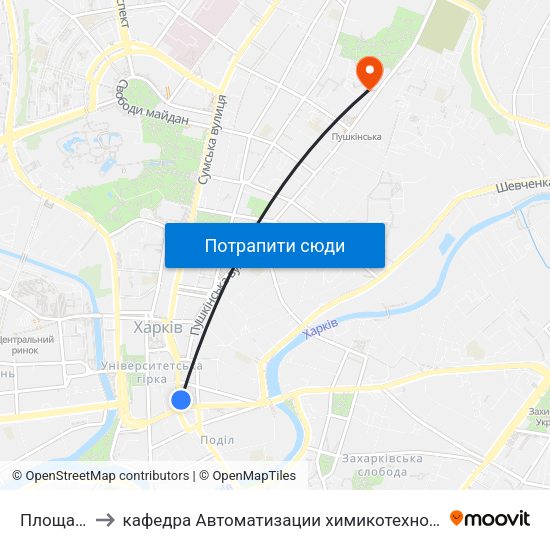 Площа Павлiвська to кафедра Автоматизации химикотехнологических систем и экологического мониторинга map