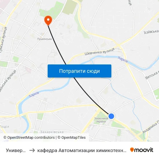 Универмаг "Харьков" to кафедра Автоматизации химикотехнологических систем и экологического мониторинга map