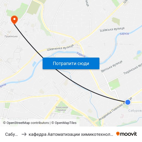 Сабурова Дача to кафедра Автоматизации химикотехнологических систем и экологического мониторинга map