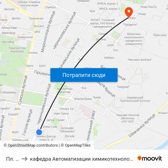 Пл. Поезии to кафедра Автоматизации химикотехнологических систем и экологического мониторинга map