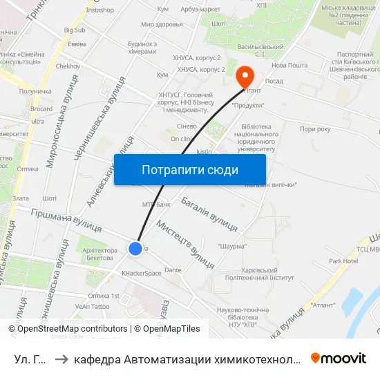 Ул. Гиршмана to кафедра Автоматизации химикотехнологических систем и экологического мониторинга map