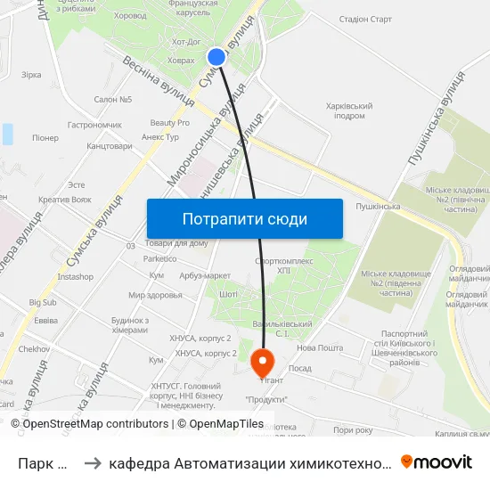 Парк Им. Горького to кафедра Автоматизации химикотехнологических систем и экологического мониторинга map