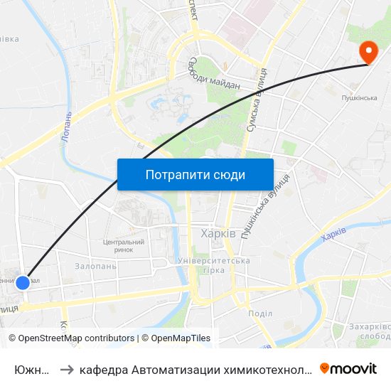Южный Вокзал to кафедра Автоматизации химикотехнологических систем и экологического мониторинга map