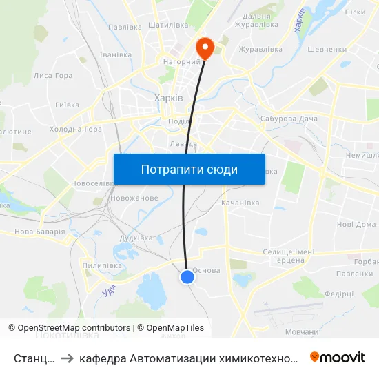 Станция Основа to кафедра Автоматизации химикотехнологических систем и экологического мониторинга map