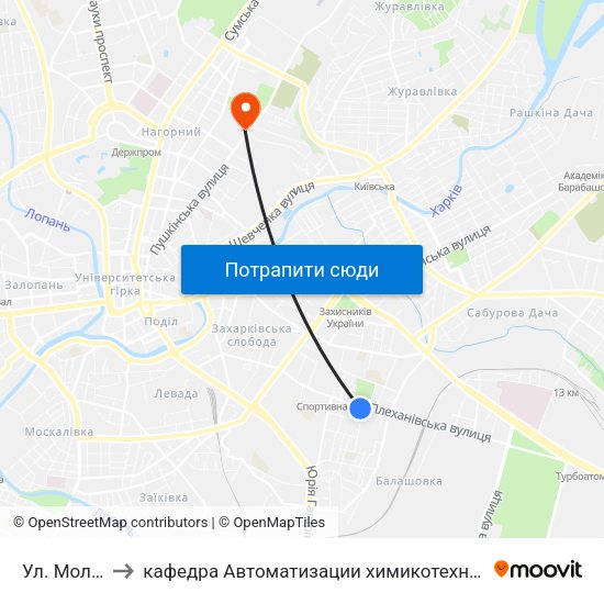 Ул. Молодой Гвардии to кафедра Автоматизации химикотехнологических систем и экологического мониторинга map