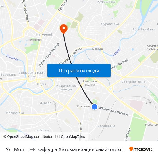 Ул. Молодой Гвардии to кафедра Автоматизации химикотехнологических систем и экологического мониторинга map
