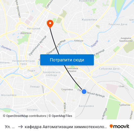 Ул. Полевая to кафедра Автоматизации химикотехнологических систем и экологического мониторинга map