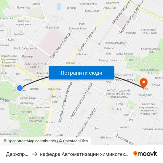 Держпром (Derzhprom) to кафедра Автоматизации химикотехнологических систем и экологического мониторинга map