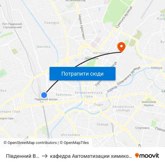 Південний Вокзал (Pivdennyi Vokzal) to кафедра Автоматизации химикотехнологических систем и экологического мониторинга map