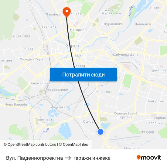 Вул. Пiвденнопроектна to гаражи инжека map