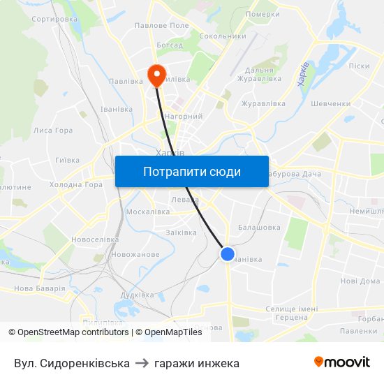 Вул. Сидоренкiвська to гаражи инжека map