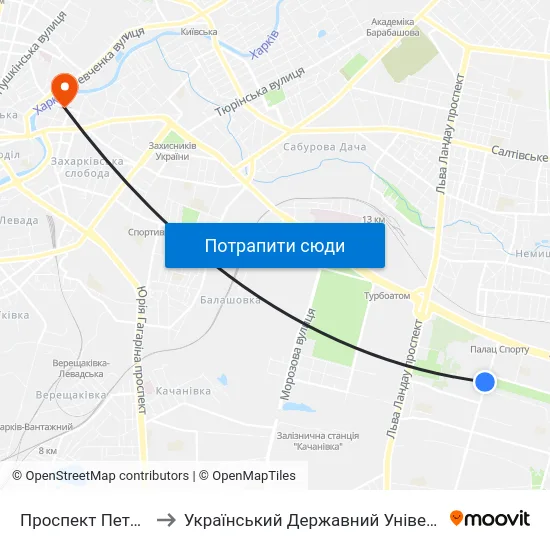 Проспект Петра Григоренка, 11 to Український Державний Університет Залізничного Транспорту map