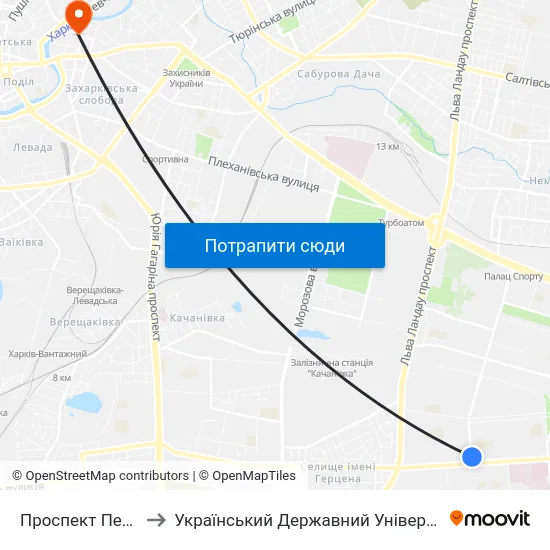 Проспект Петра Григоренка to Український Державний Університет Залізничного Транспорту map