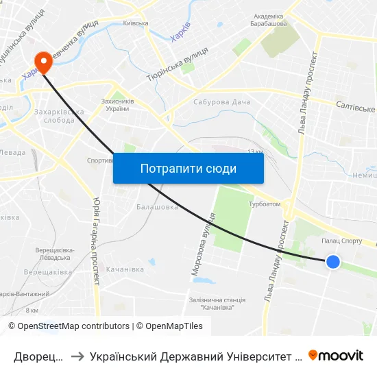 Дворец Спорта to Український Державний Університет Залізничного Транспорту map