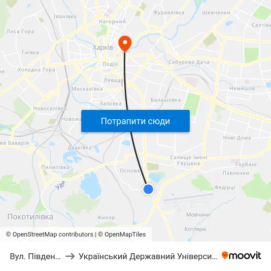 Вул. Пiвденнопроектна to Український Державний Університет Залізничного Транспорту map