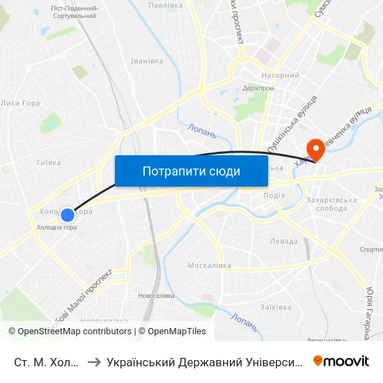 Ст. М. Холодная Гора to Український Державний Університет Залізничного Транспорту map