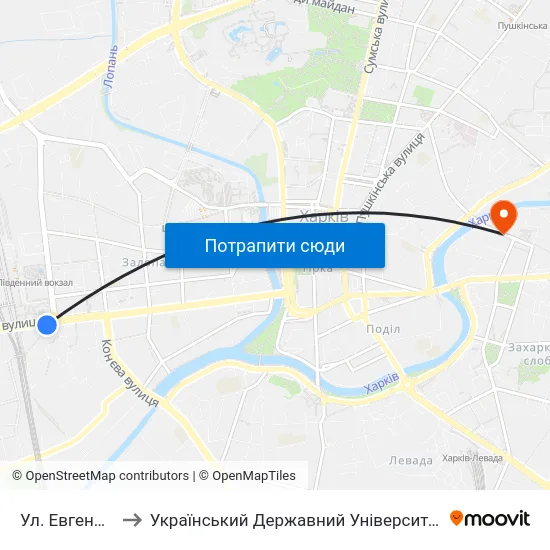 Ул. Евгения Котляра to Український Державний Університет Залізничного Транспорту map
