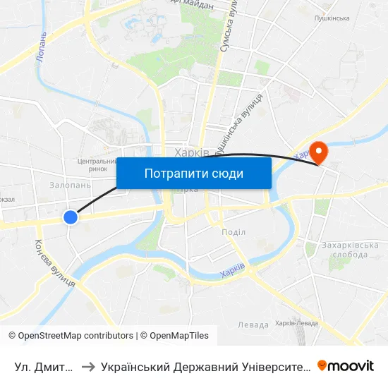 Ул. Дмитриевская to Український Державний Університет Залізничного Транспорту map