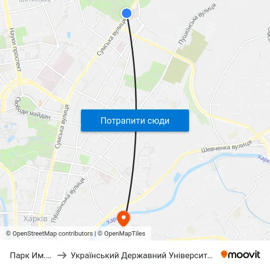 Парк Им. Горького to Український Державний Університет Залізничного Транспорту map