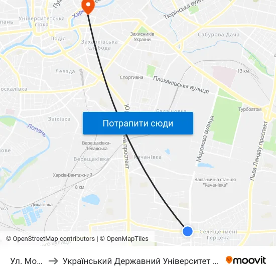 Ул. Морозова to Український Державний Університет Залізничного Транспорту map
