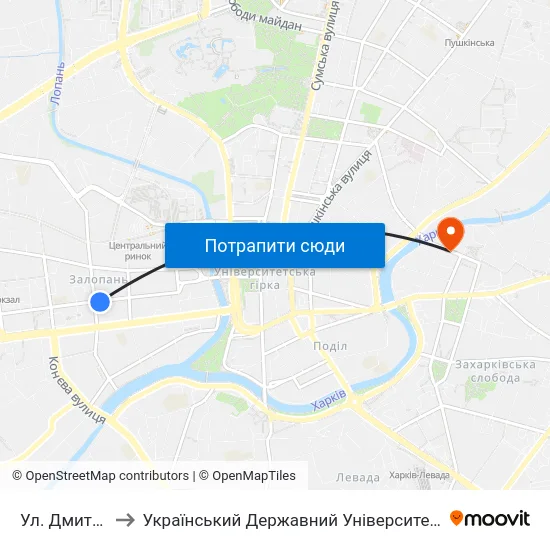 Ул. Дмитриевская to Український Державний Університет Залізничного Транспорту map