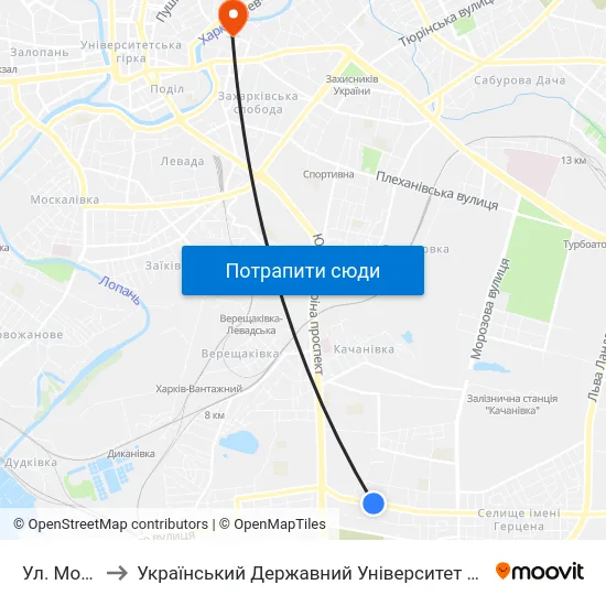 Ул. Монюшко to Український Державний Університет Залізничного Транспорту map