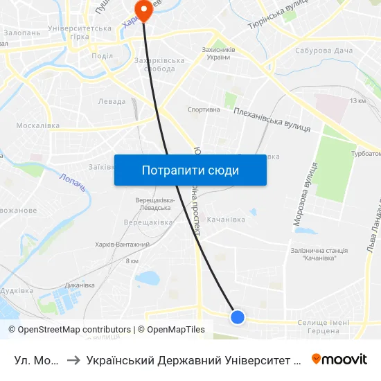 Ул. Монюшко to Український Державний Університет Залізничного Транспорту map