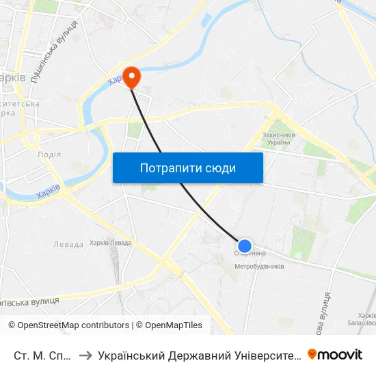 Ст. М. Спортивная to Український Державний Університет Залізничного Транспорту map