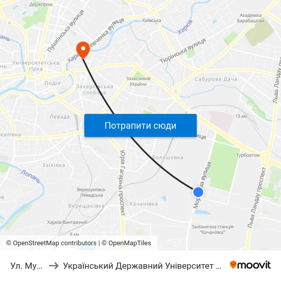 Ул. Мухачова to Український Державний Університет Залізничного Транспорту map