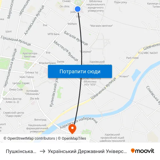 Пушкінська (Pushkinska) to Український Державний Університет Залізничного Транспорту map