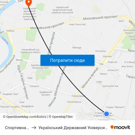 Спортивна (Sportyvna) to Український Державний Університет Залізничного Транспорту map