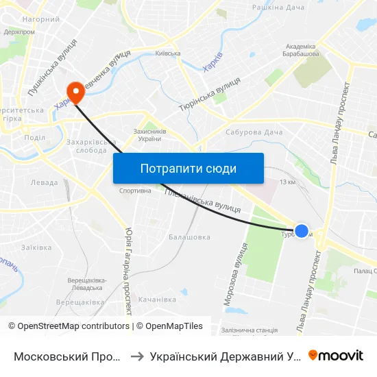 Московський Проспект (Moskovskyi Prospekt) to Український Державний Університет Залізничного Транспорту map