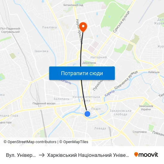 Вул. Університетська to Харківський Національний Університет Радіоелектроніки map