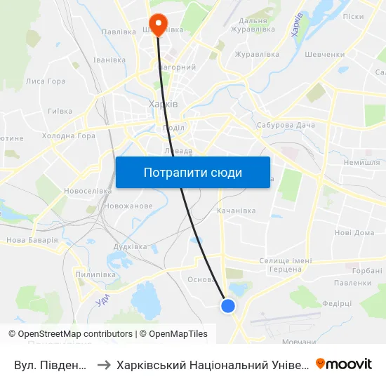 Вул. Пiвденнопроектна to Харківський Національний Університет Радіоелектроніки map
