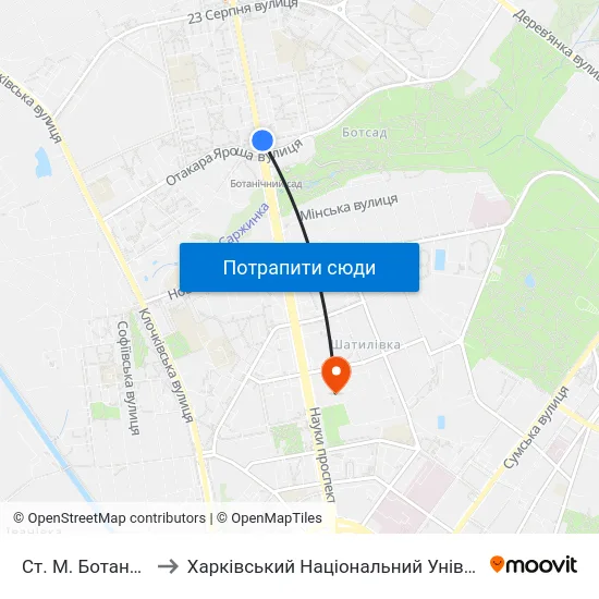 Ст. М. Ботанический Сад to Харківський Національний Університет Радіоелектроніки map